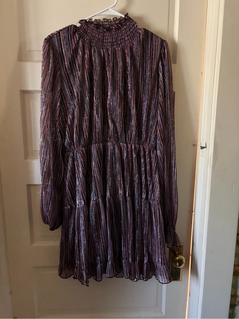 Shimmer Stripe Long-Sleeve Purple Tiered Mini Dress